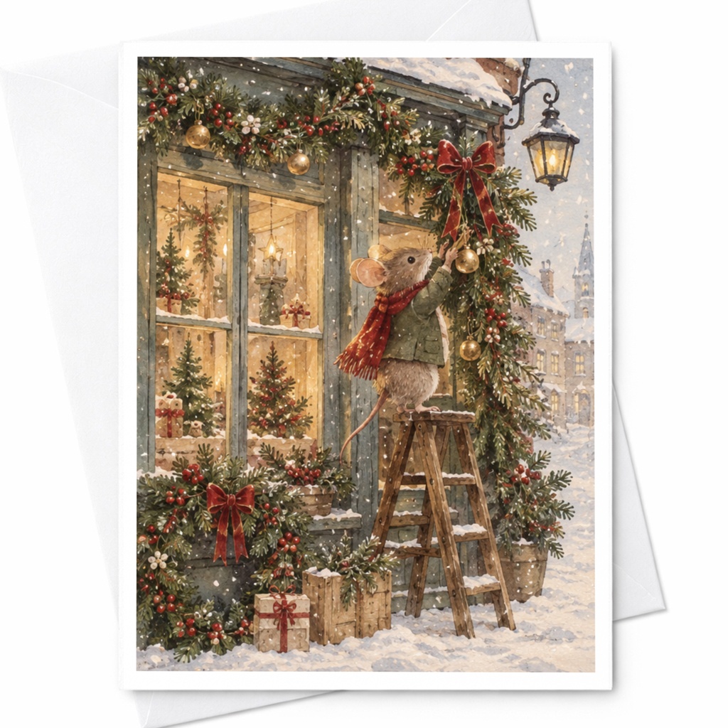 Mouse Decorating Christmas Card Cute Holiday Greeting Card Winter Scene For Animal Lover Festive Christmas Card C9054
