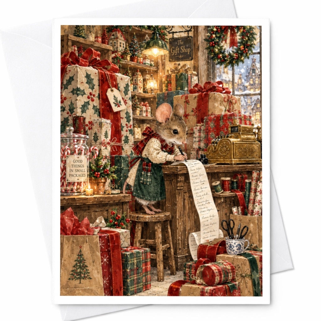 Good Things In Small Packages Christmas Card Cute Mouse Holiday Greeting Card Festive Gift Shop Scene For Animal Lover C9057