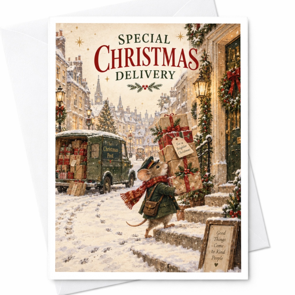 Special Christmas Delivery Cute Christmas Card Mouse Delivering Gifts Snowy Street Holiday Greeting Card For Family Friends C9059