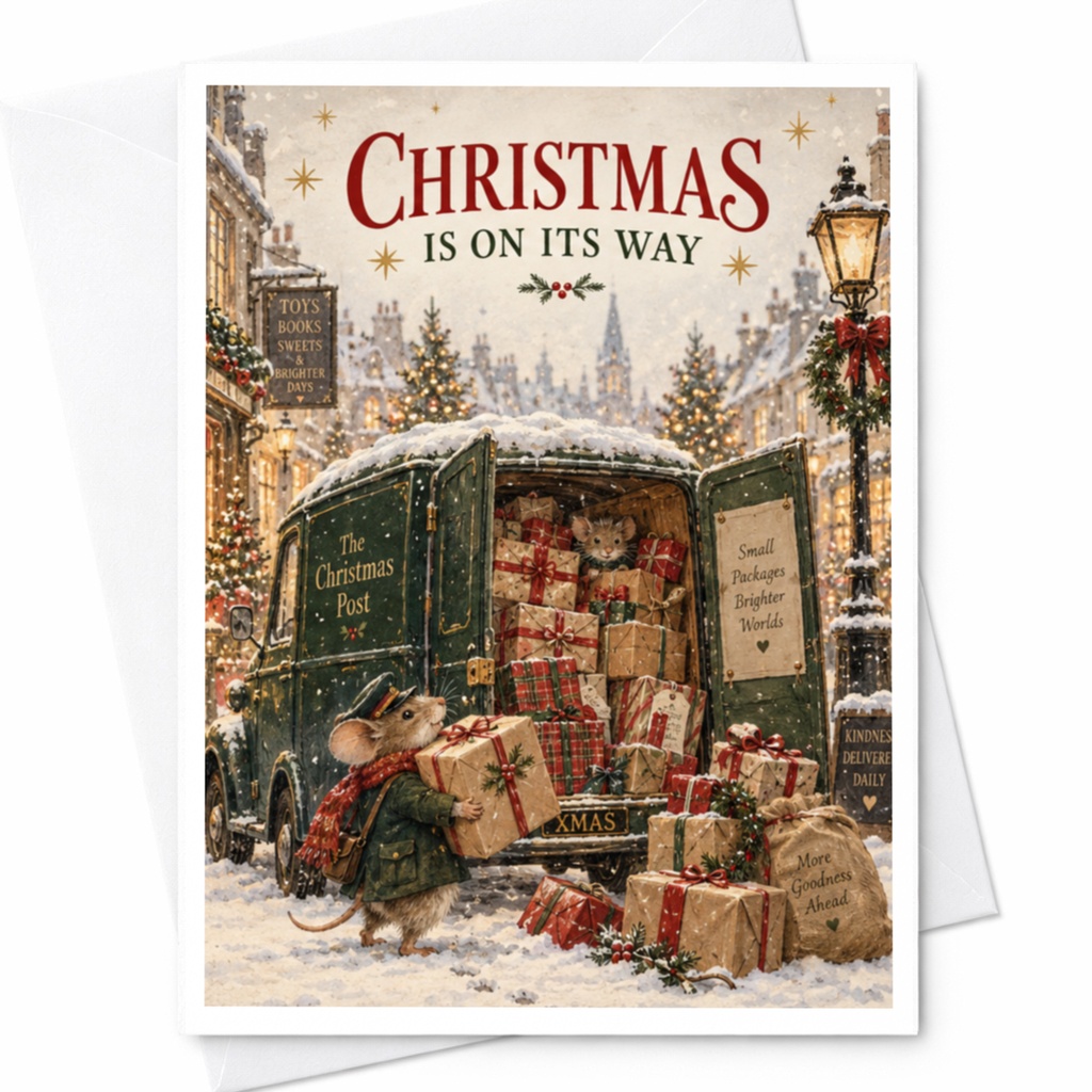 Christmas Is On Its Way Cute Christmas Card Mouse With Gifts Holiday Greeting Card Festive Winter Scene For Family Friends C9060