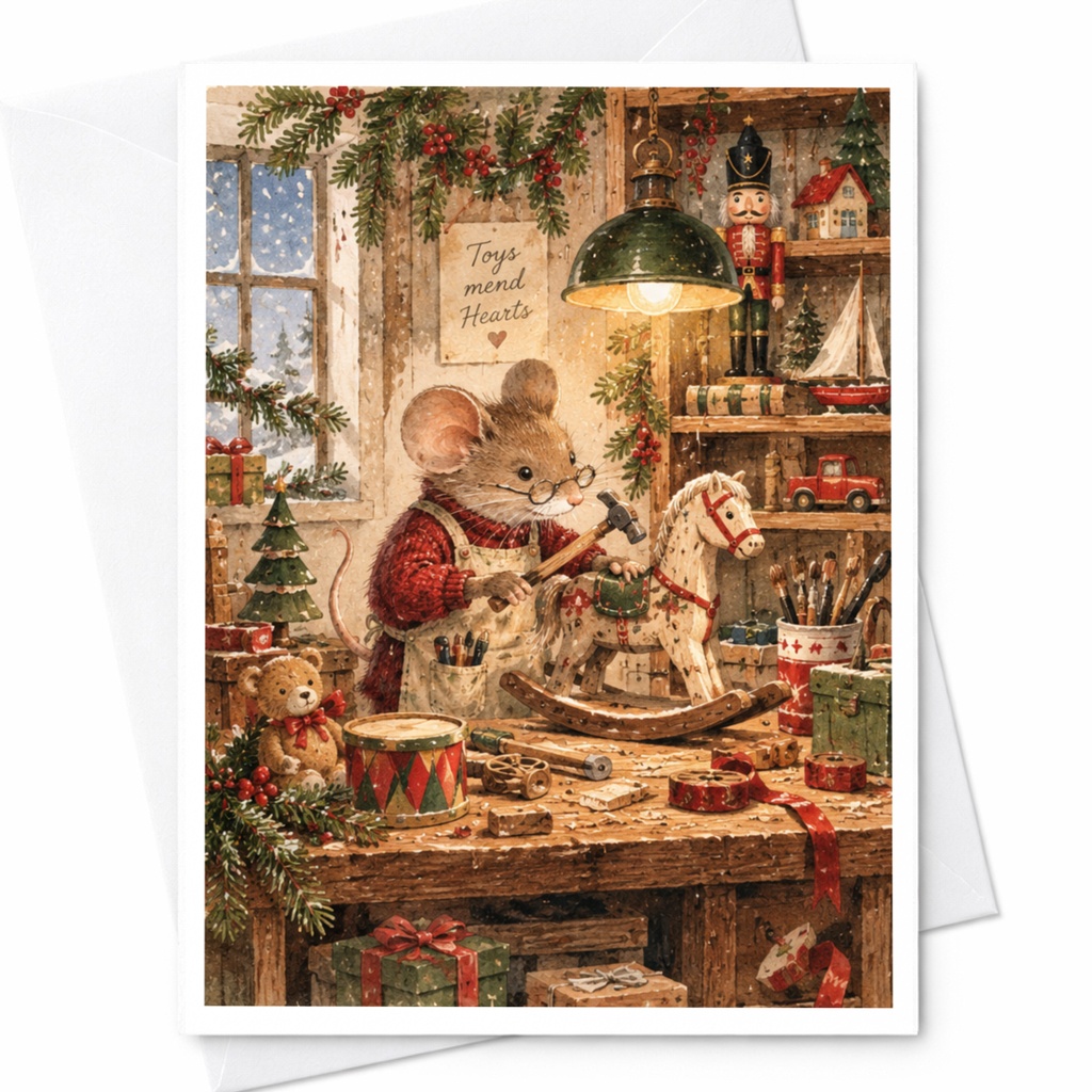 Toys Mend Hearts Christmas Card Cute Mouse Workshop Holiday Greeting Card For Kids Family Festive Illustration C9061
