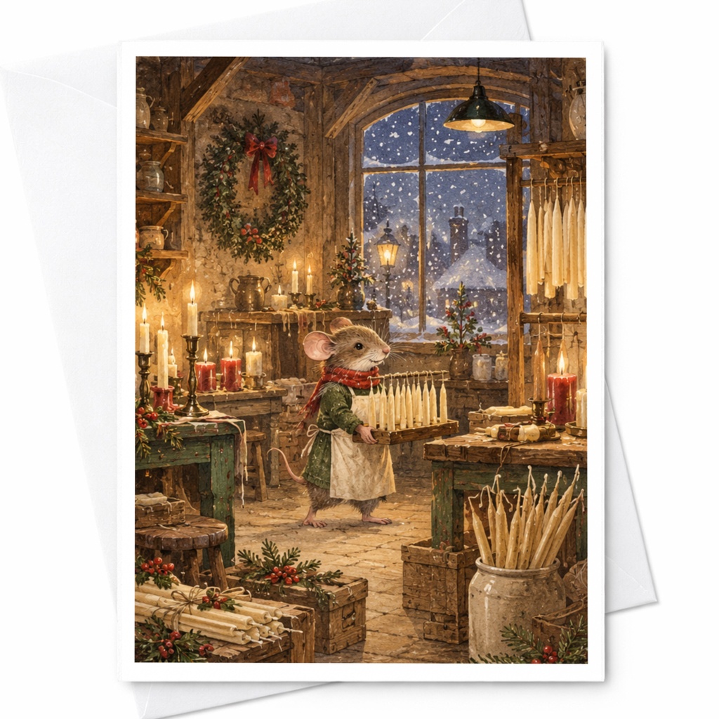 Mouse In Cozy Candlelit Workshop Christmas Card Cute Holiday Greeting Card Winter Scene For Animal Lover Festive Art Card C9064