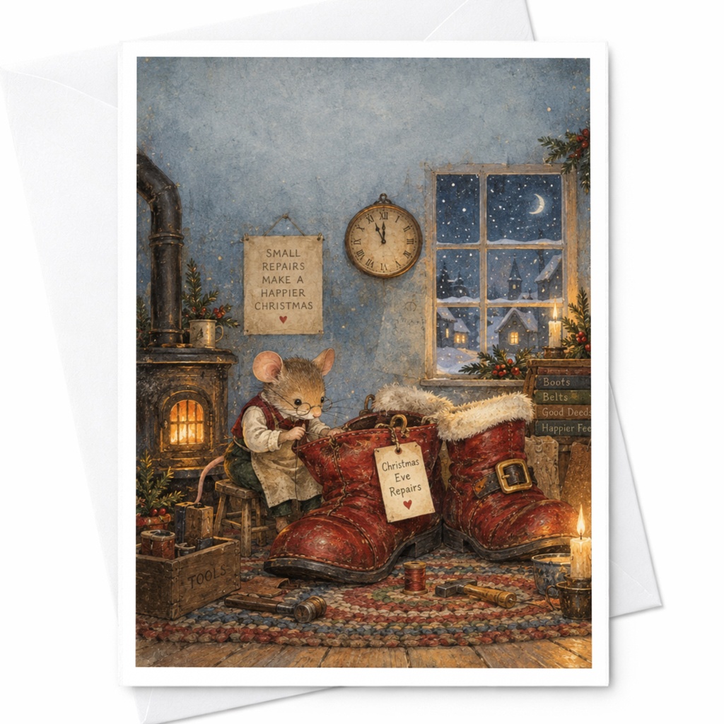 Small Repairs Make A Happier Christmas Cute Christmas Card Mouse Repairing Boots Holiday Greeting Card For Family Friends C9070