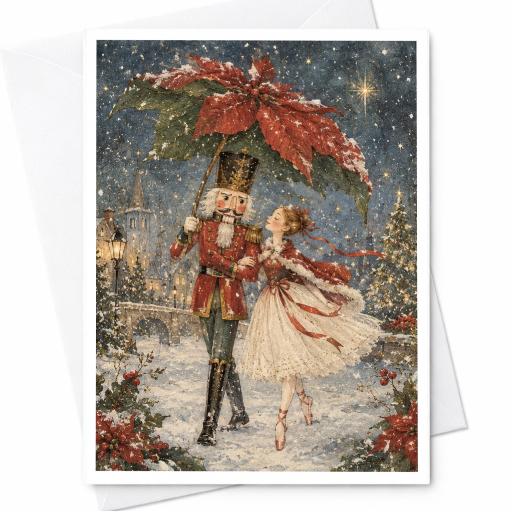 Nutcracker And Ballerina Christmas Card Festive Holiday Greeting Card Winter Scene For Her Ballet Lover Elegant Seasonal Card C9121