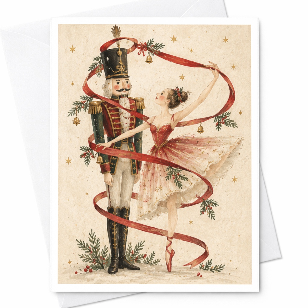 Nutcracker And Ballerina Christmas Card Festive Holiday Greeting Card For Ballet Lover Elegant Seasonal Card C9122