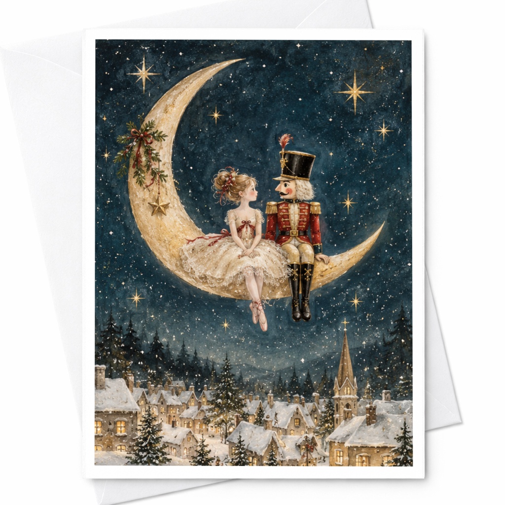 Ballerina And Nutcracker Christmas Card Romantic Winter Scene Holiday Greeting Card For Her Festive Moon Illustration C9124