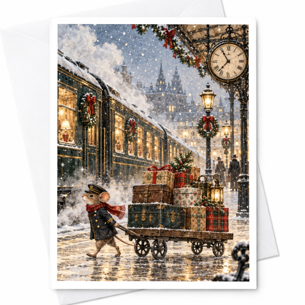 Christmas Mouse Greeting Card Cute Holiday Card Winter Train Station Scene Festive Animal Card For Kids Family Christmas C9074