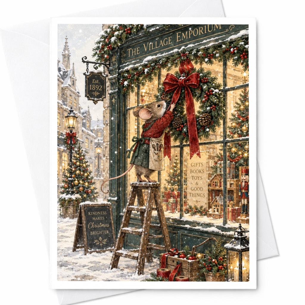 Kindness Makes Christmas Brighter Christmas Card Cute Mouse Decorating Shop Window Holiday Greeting Card For Family Friends C9075