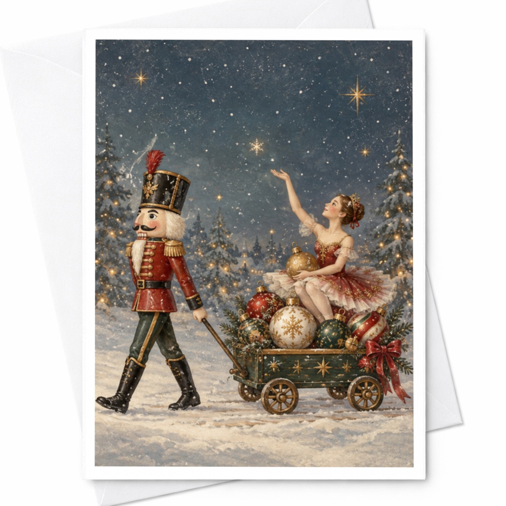 Nutcracker And Ballerina Christmas Card Festive Holiday Greeting Card Winter Wonderland Scene For Ballet Lover C9127