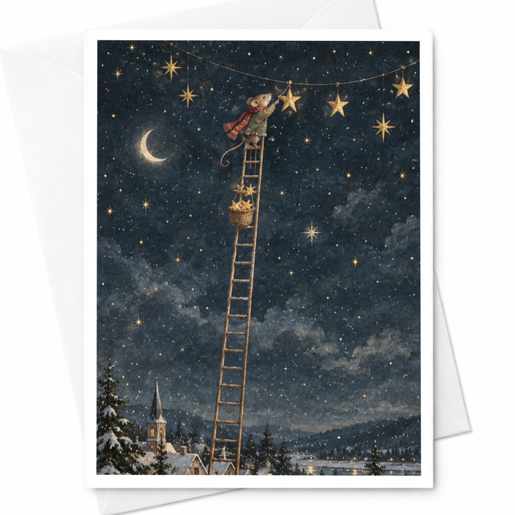 Mouse Hanging Stars Blank Greeting Card Cute Animal Card For Kids Whimsical Night Sky Illustration Winter Scene Card C9079