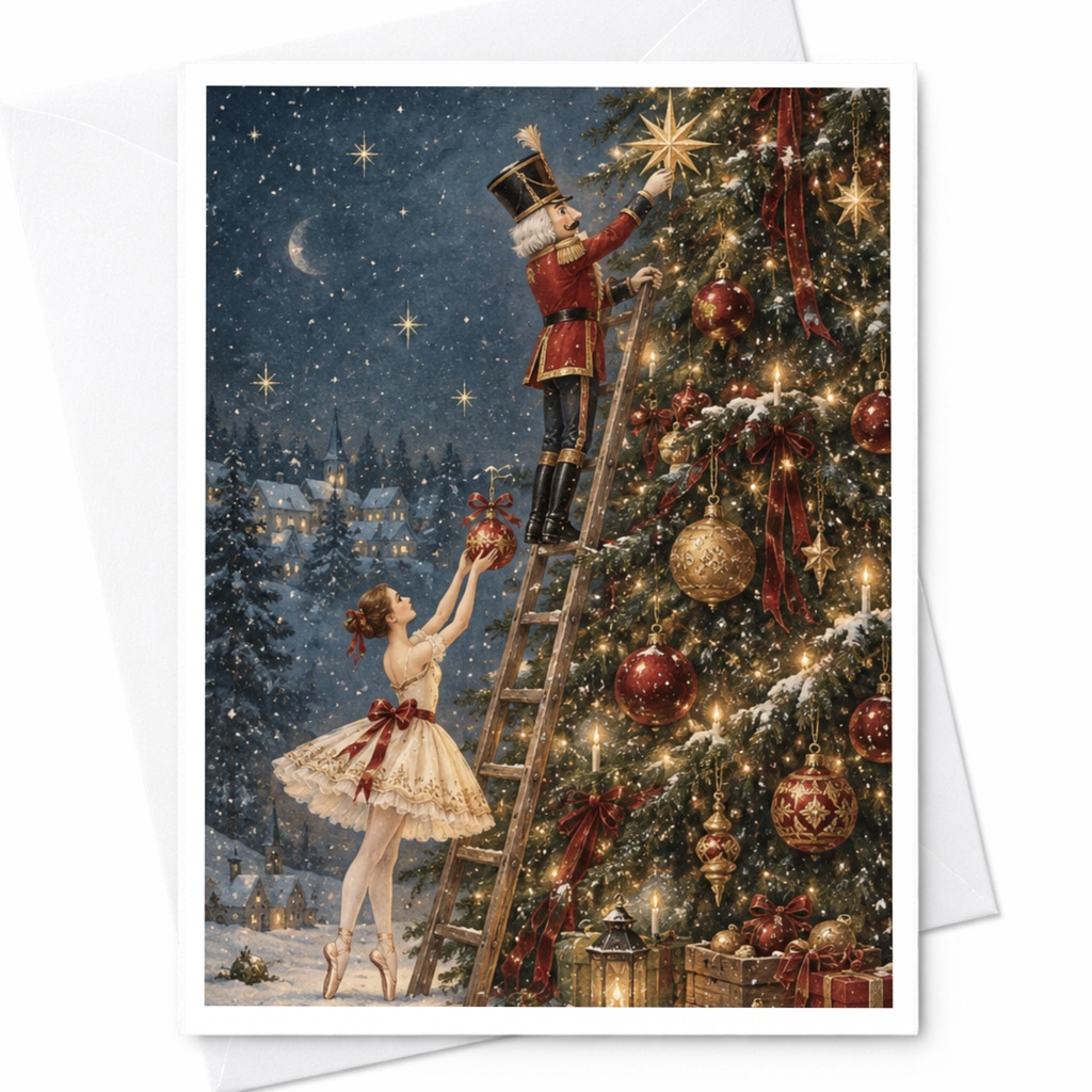 Nutcracker And Ballerina Christmas Card Festive Holiday Greeting Card For Her Elegant Winter Scene Ballet Lover C9131