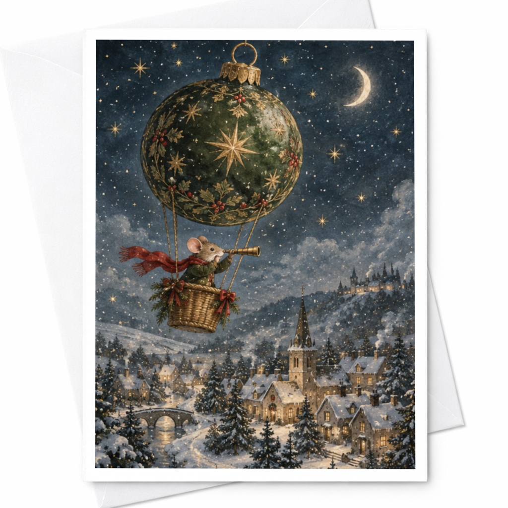 Mouse In Hot Air Balloon Christmas Card Festive Winter Scene Holiday Greeting Card For Animal Lover Cute Seasonal Card C9082
