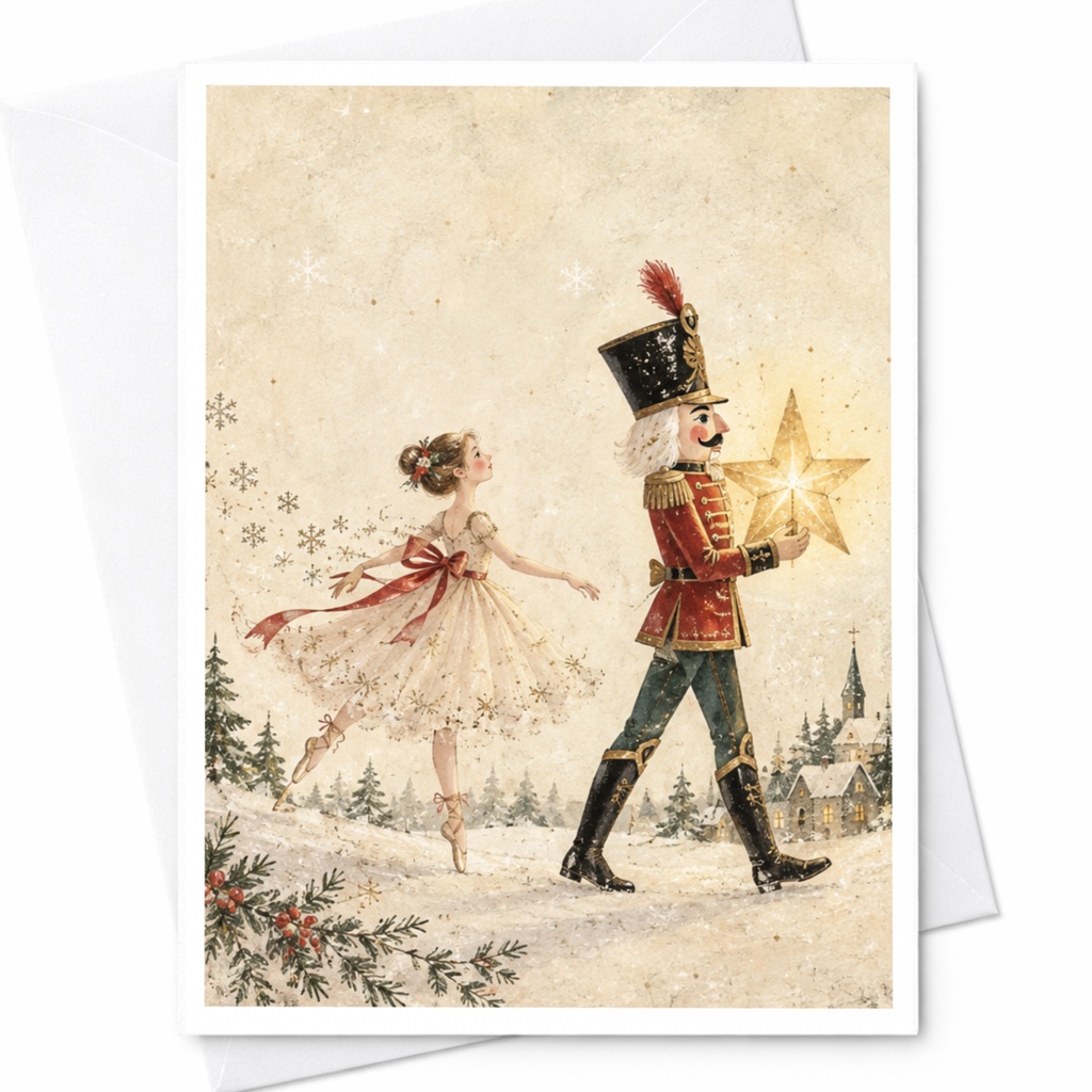 Nutcracker And Ballerina Christmas Card Festive Holiday Greeting Card For Her Ballet Lover Winter Scene Elegant C9134