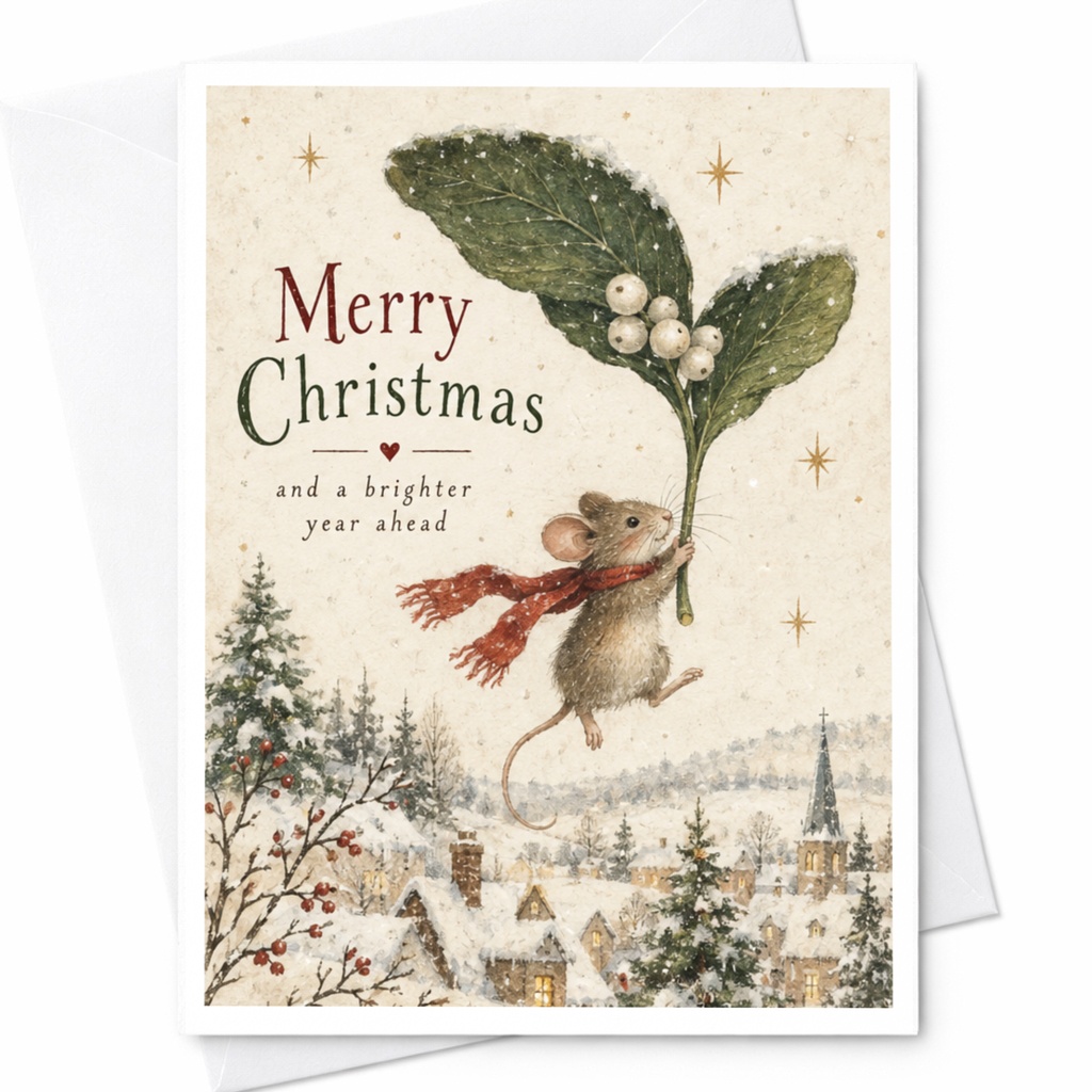 Merry Christmas And A Brighter Year Ahead Cute Mouse Christmas Card Holiday Greeting Card Winter Scene Festive Card C9085