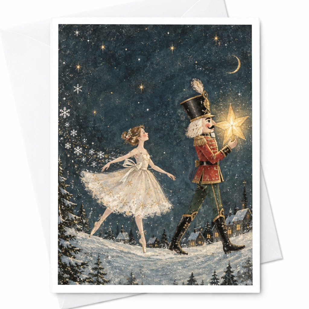 Ballerina And Nutcracker Christmas Card Festive Holiday Greeting Card Winter Wonderland Scene For Ballet Lover C9135