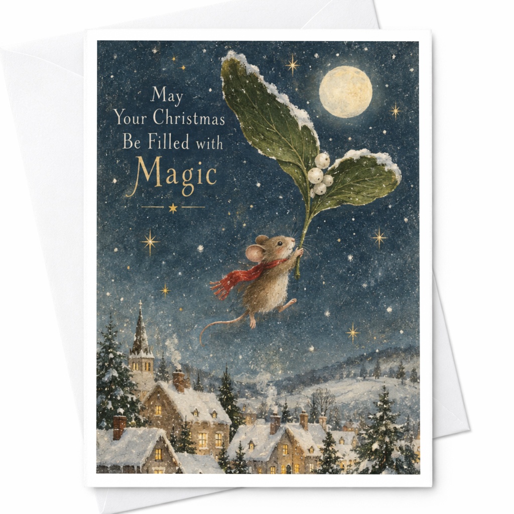 May Your Christmas Be Filled With Magic Christmas Card Cute Mouse With Mistletoe Holiday Greeting Card Winter Scene C9086