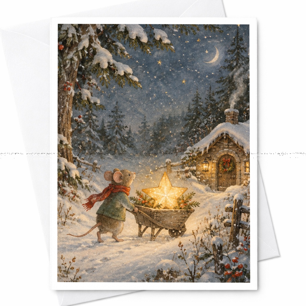 Mouse With Star Christmas Card Winter Scene Holiday Greeting Card Cute Animal Illustration For Friend Family Festive C9088