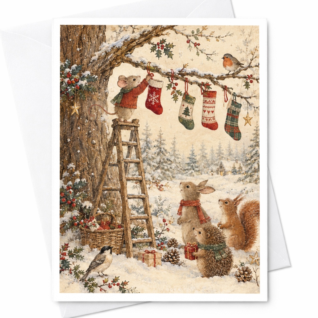 Woodland Animals Christmas Card Cute Holiday Greeting Card Winter Scene For Animal Lover Festive Seasonal Card C9091