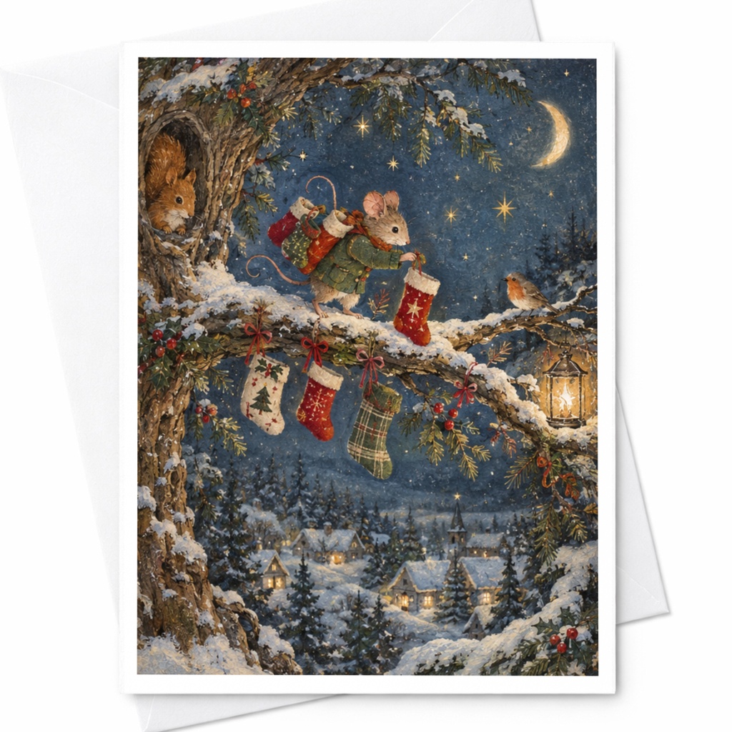 Mouse Hanging Stockings Christmas Card Cute Holiday Greeting Card Winter Scene For Animal Lover Festive Snowy Night Card C9092