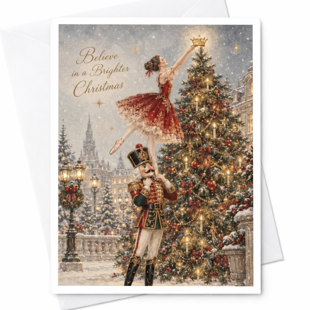 Believe In A Brighter Christmas Card Ballerina Nutcracker Holiday Greeting Card Festive Christmas Tree Scene Winter Wonderland C9143