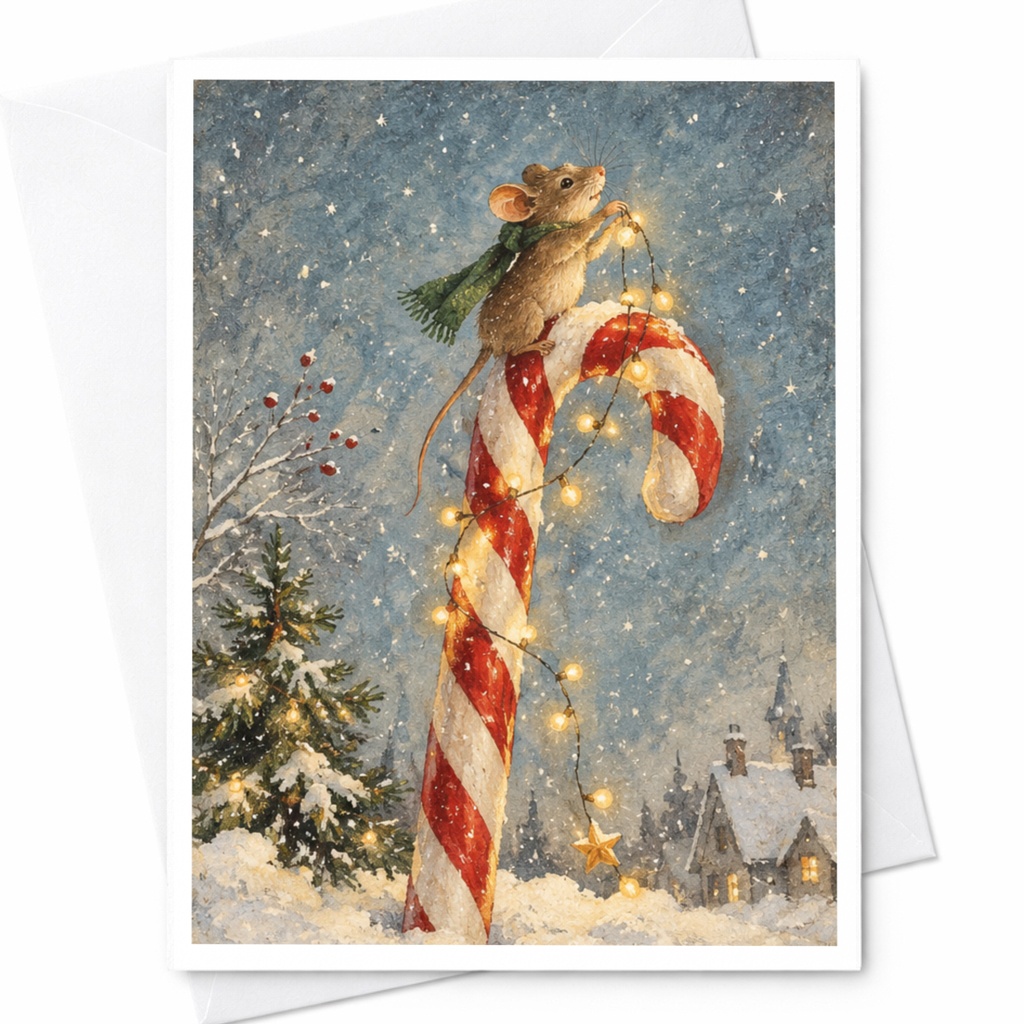 Mouse On Candy Cane Christmas Card Cute Holiday Greeting Card Winter Scene For Animal Lover Festive Lights Snowy Landscape C9094