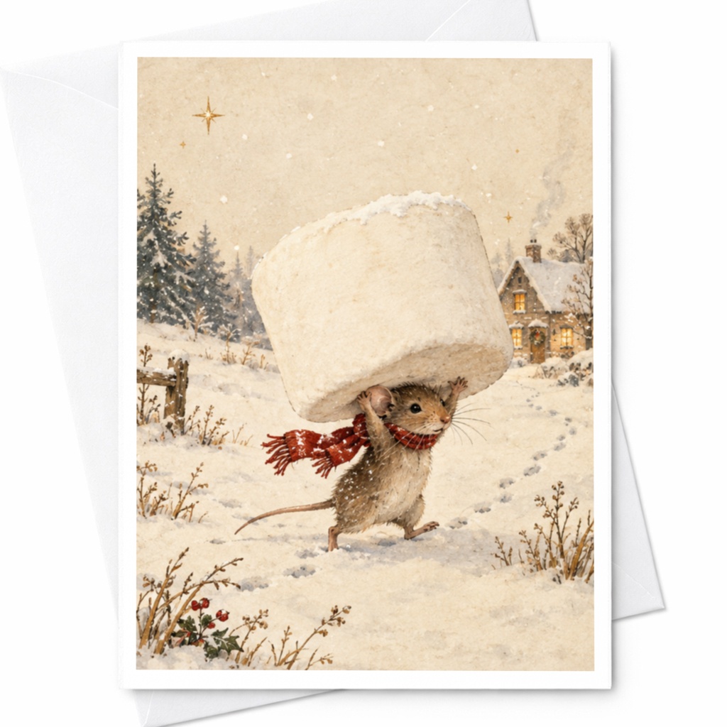 Mouse Carrying Marshmallow Christmas Card Cute Winter Scene Holiday Greeting Card For Animal Lover Festive Snowy Landscape C9102