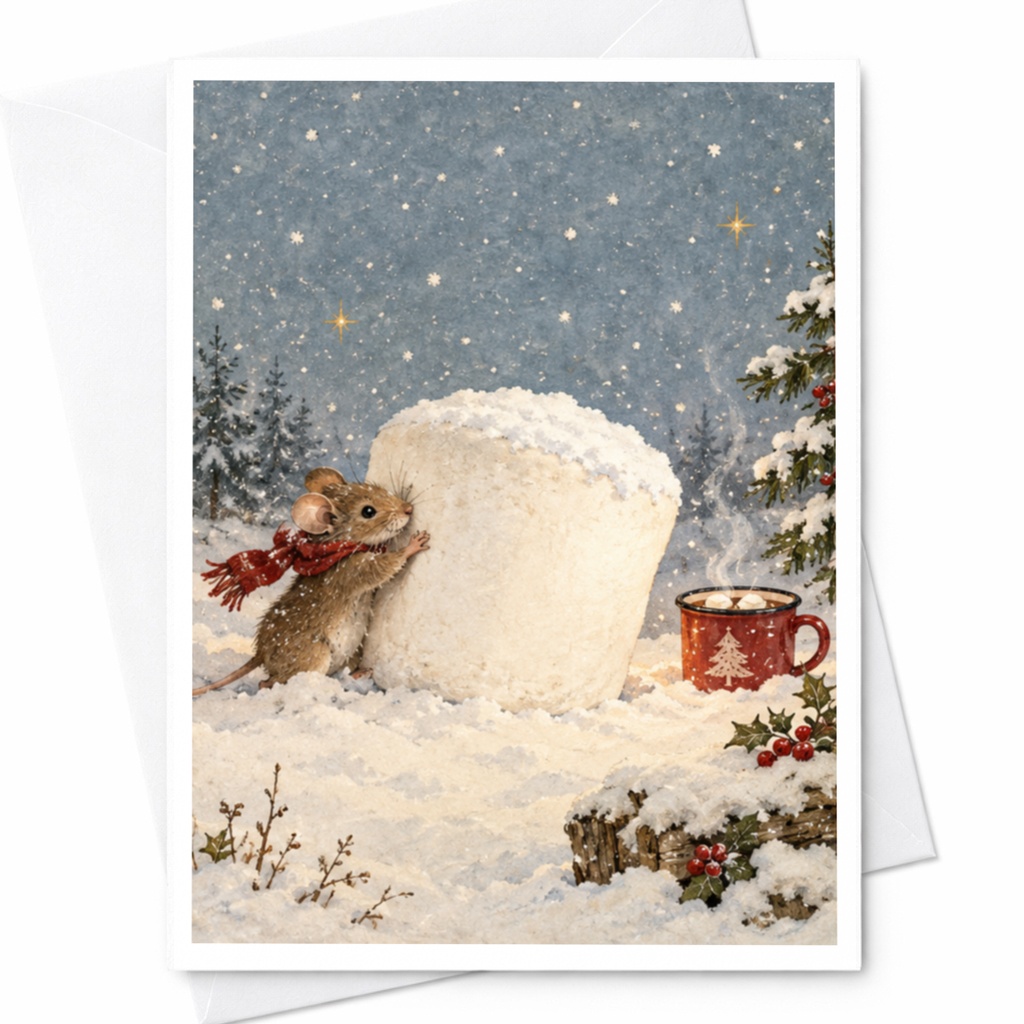 Mouse With Marshmallow Christmas Card Cute Winter Scene Holiday Greeting Card For Animal Lover Festive Snowy Illustration C9103