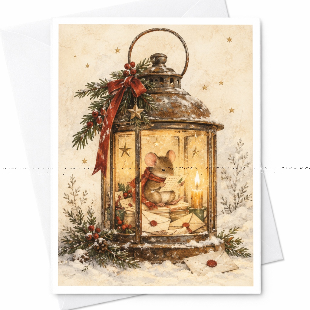 Mouse In Lantern Christmas Card Cute Holiday Greeting Card Winter Scene For Animal Lover Festive Note Card With Envelopes C9104
