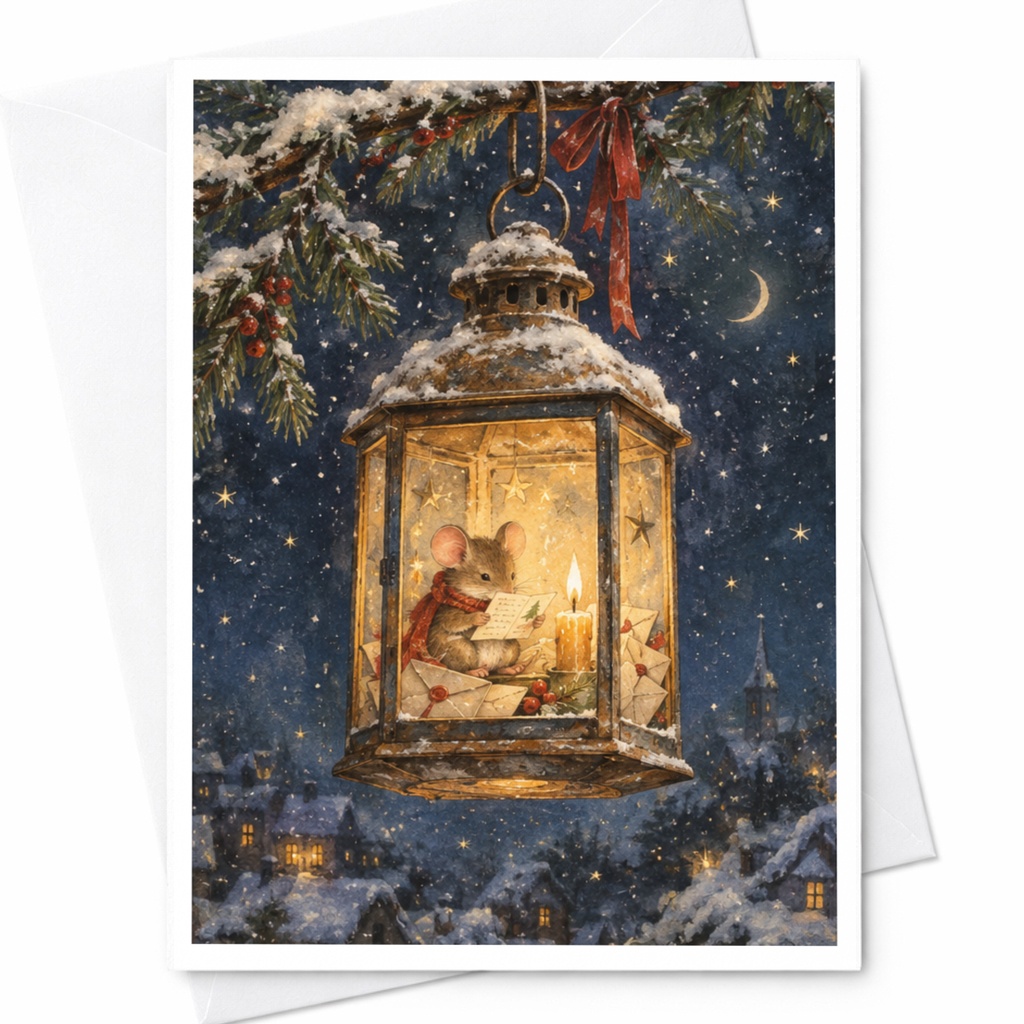 Mouse In Lantern Christmas Card Cute Winter Scene Greeting Card For Animal Lover Holiday Card Cozy Candlelight Illustration C9105