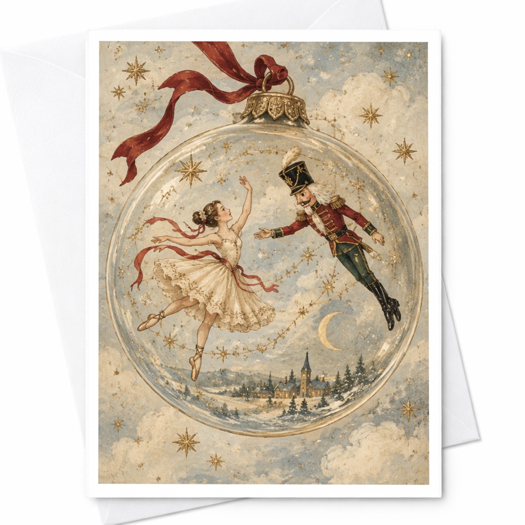 Ballerina Nutcracker Christmas Greeting Card Vintage Style Holiday Card For Her Festive Ornament Winter Wonderland Scene C9109