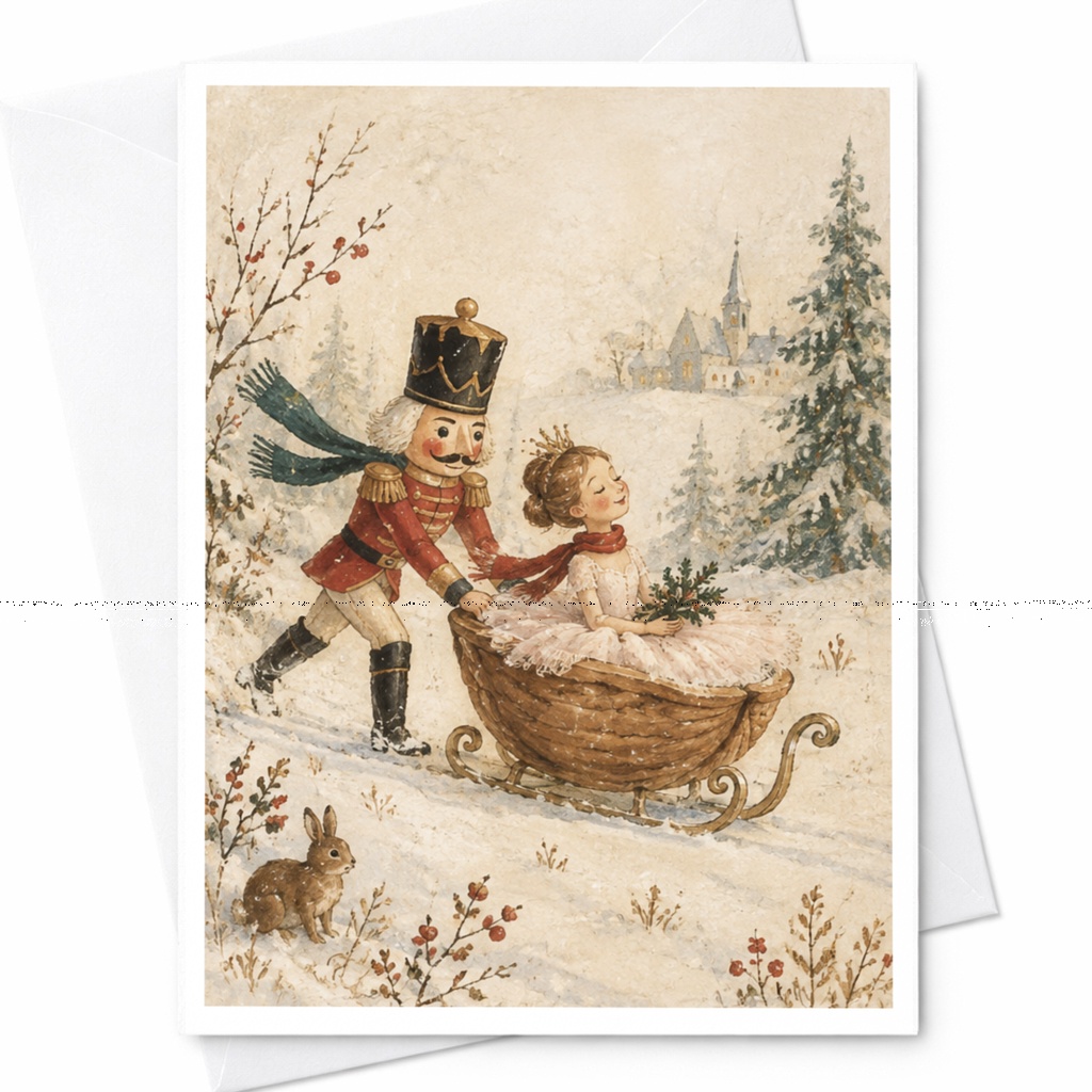 Nutcracker Ballerina Christmas Card Winter Scene Greeting Card Holiday Card For Her Cute Festive Art Card Ballet Lover C9110