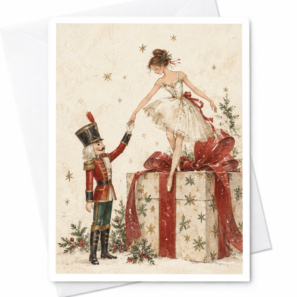 Ballerina And Nutcracker Christmas Card Holiday Greeting Card Festive Ballet Theme For Dance Lover Elegant Seasonal Card C9114