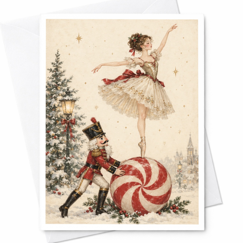 Ballerina And Nutcracker Christmas Card Holiday Greeting Card Vintage Style Festive Art For Ballet Lover Seasonal Card C9116