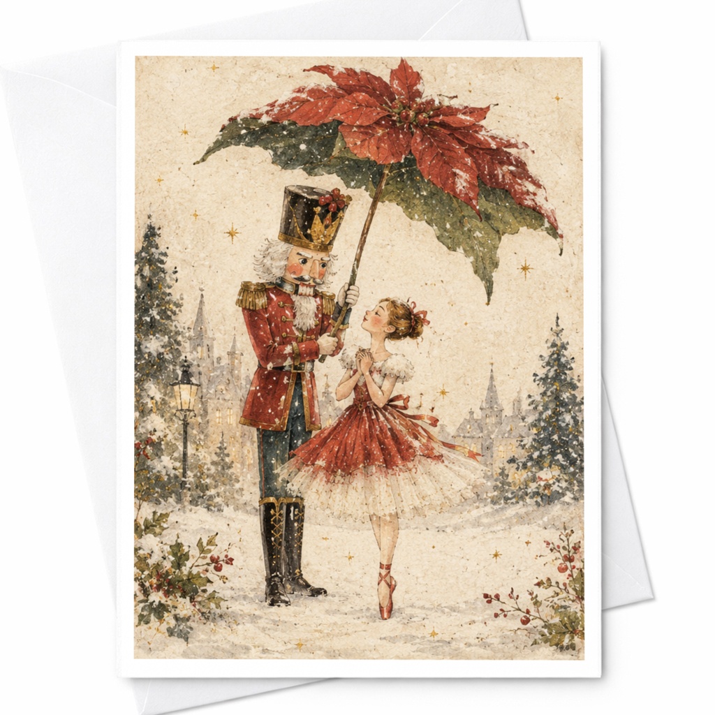 Nutcracker And Ballerina Christmas Card Festive Holiday Greeting Card Ballet Lover Winter Scene Cute Seasonal Card C9120
