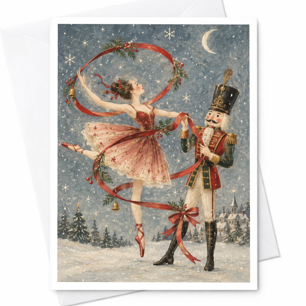 Ballerina And Nutcracker Christmas Card Festive Holiday Greeting Card Ballet Lover Winter Scene Artistic Card C9123