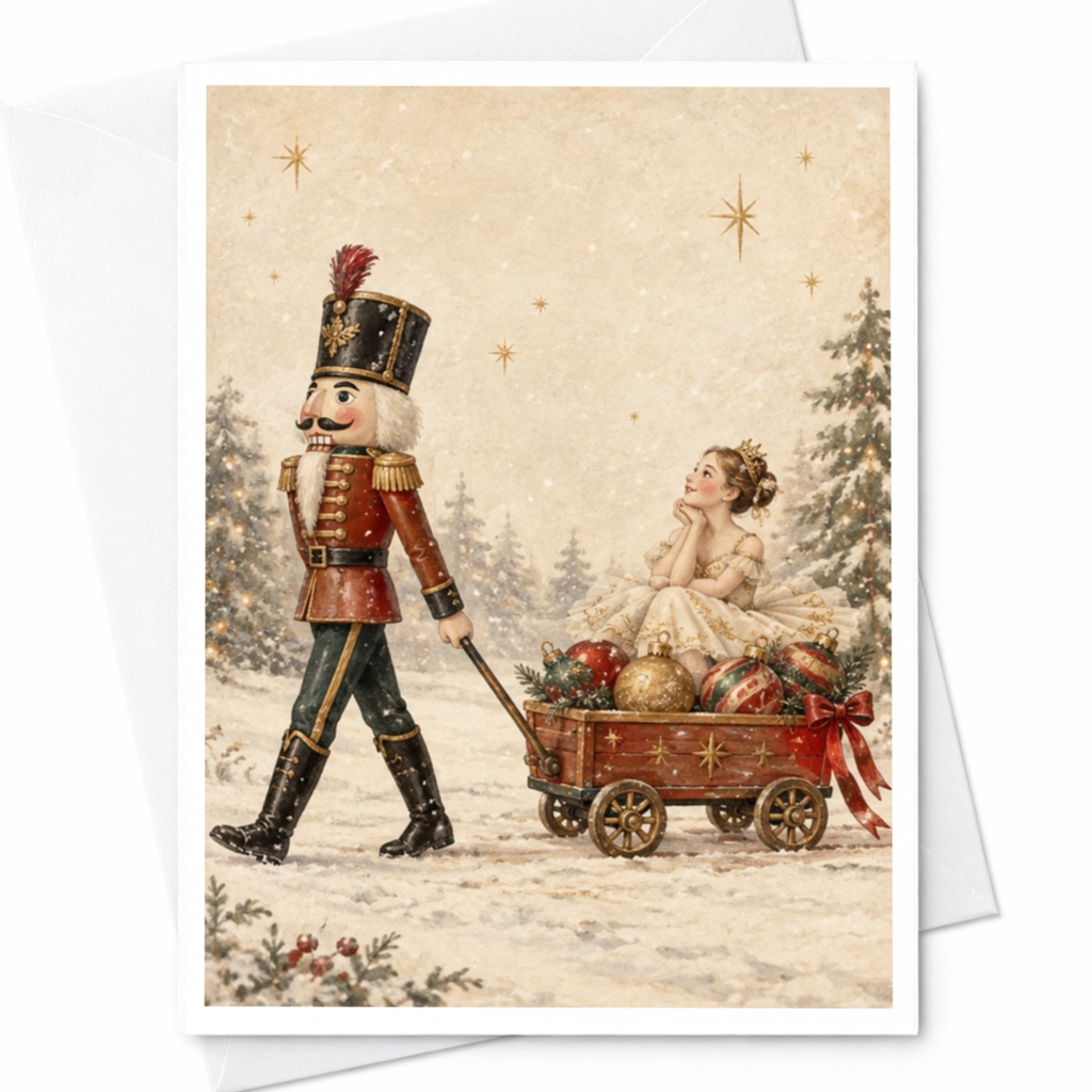 Nutcracker And Ballerina Christmas Card Festive Holiday Greeting Card For Her Classic Winter Scene Vintage Inspired Art C9126