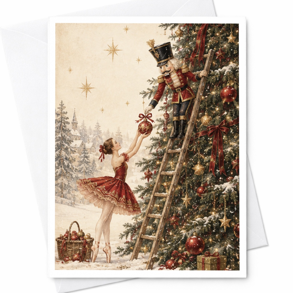 Nutcracker And Ballerina Christmas Card Vintage Holiday Greeting Card For Her Festive Ballet Scene Winter Wonderland C9130
