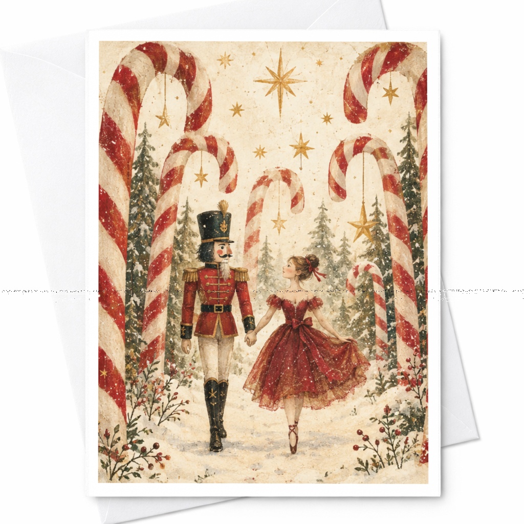 Nutcracker And Ballerina Christmas Card Festive Holiday Greeting Card For Her Cute Winter Scene Candy Cane C9140