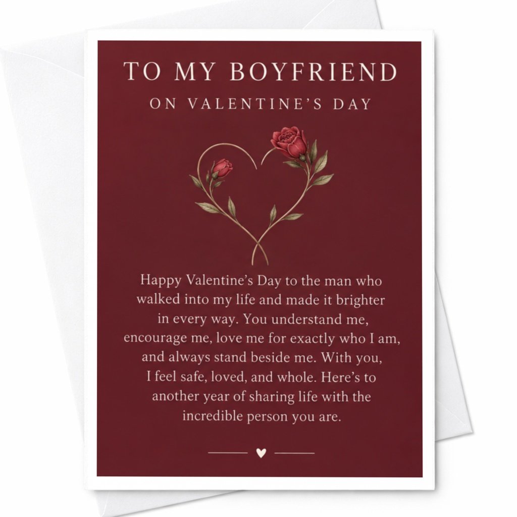 To My Boyfriend On Valentine's Day Romantic Valentine's Day Card For Him Heart With Roses Love Card Sweet Boyfriend Card C9145