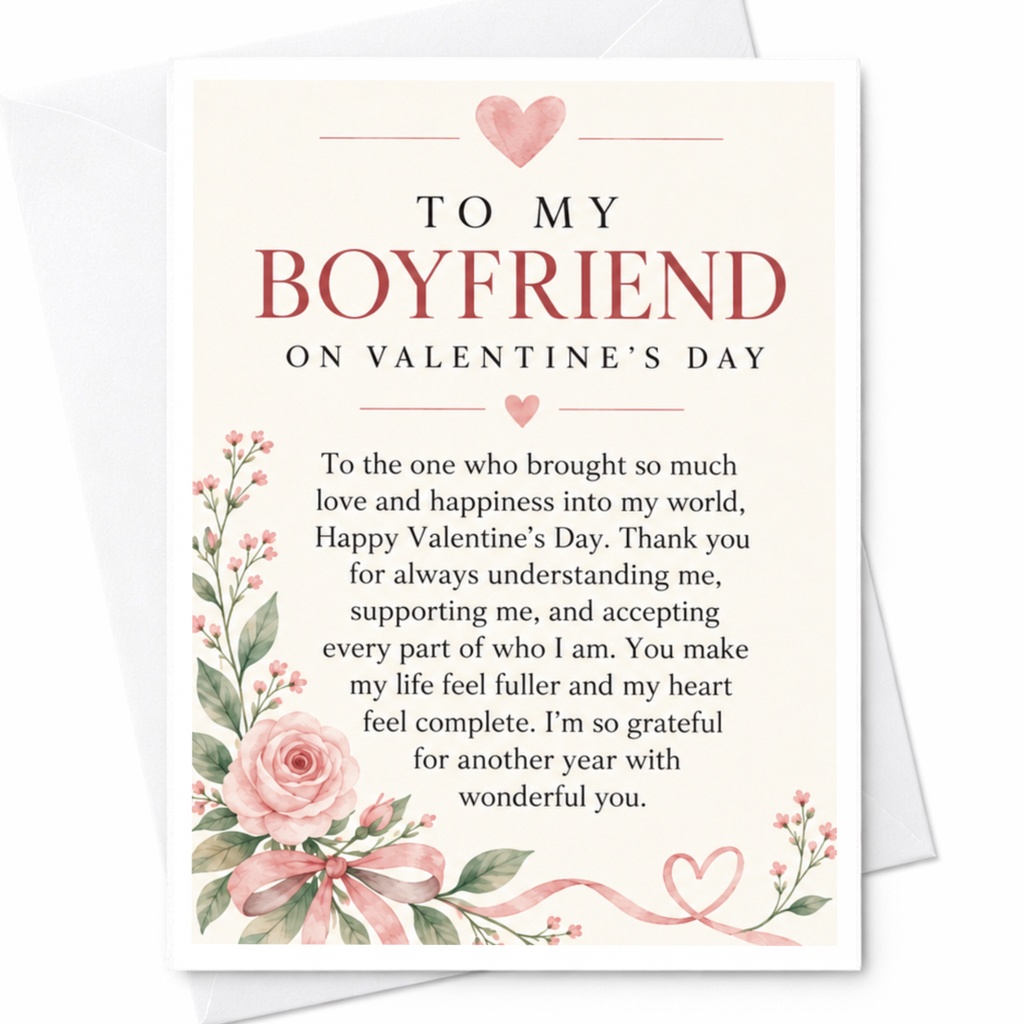 To My Boyfriend On Valentine’s Day Romantic Valentine’s Day Card For Boyfriend Floral Heart Love Card C9158