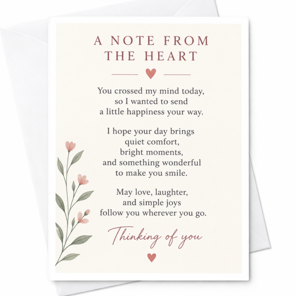 A Note From The Heart Thinking Of You Card Floral Illustration Comforting Message For Friend Loved One Sentimental Greeting Card C9166