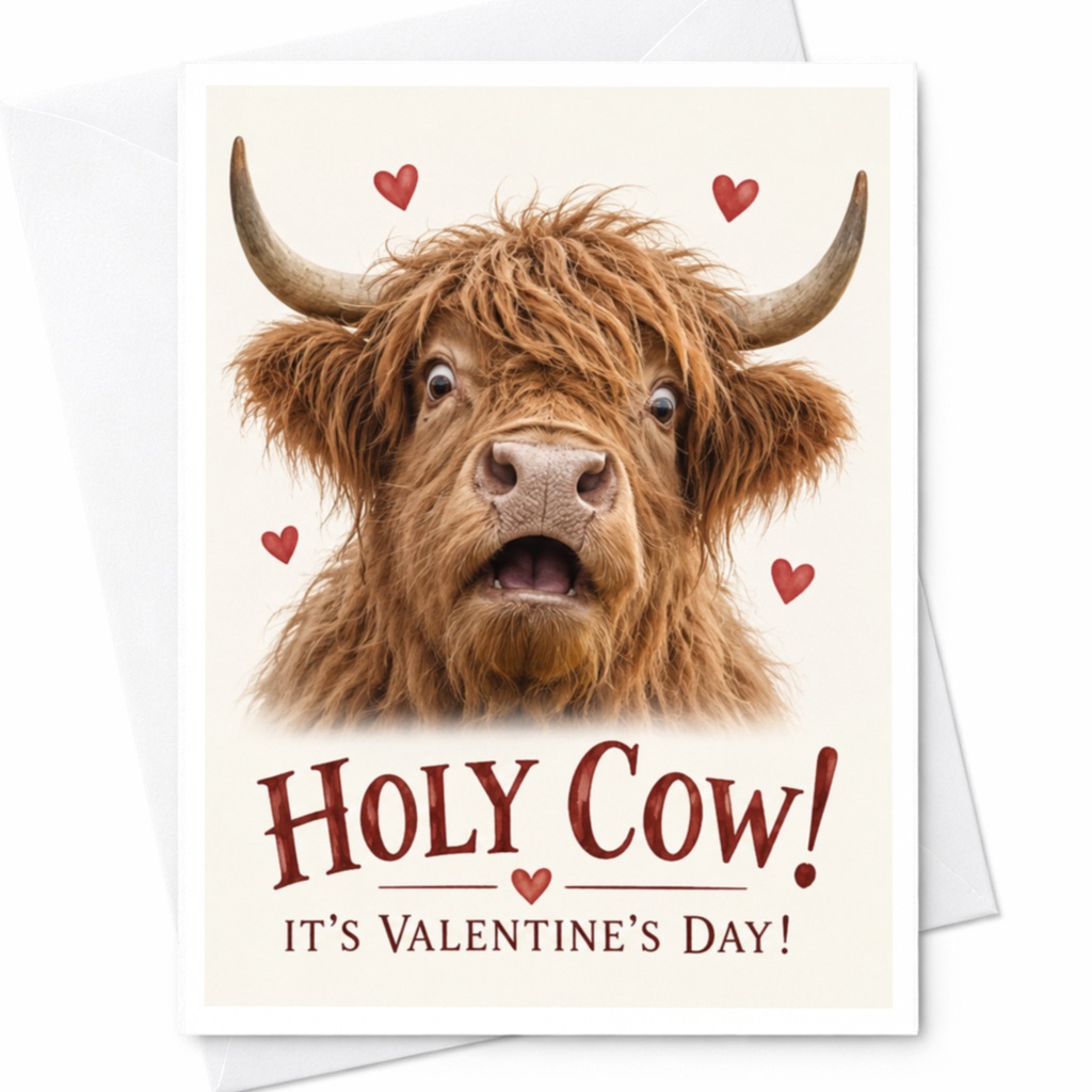 Holy Cow! It's Valentine's Day! Funny Valentine's Day Card Cute Cow For Him Her Animal Lover Romantic Greeting Card C9239