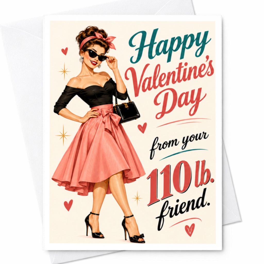Happy Valentine's Day From Your 110 Lb. Friend. Retro Valentine's Day Card Funny Greeting For Friend Cute Vintage Style C9242