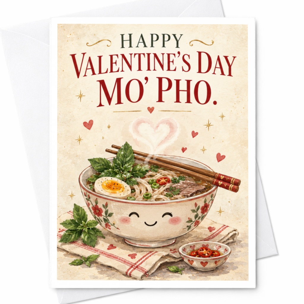 Happy Valentine's Day Mo' Pho. Cute Valentine's Day Card Pho Lover Funny Foodie Card For Him Her Romantic Greeting Card C9248