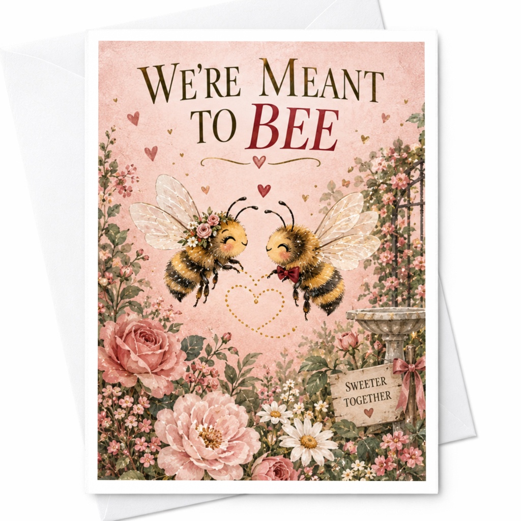 We're Meant To Bee Cute Wedding Card Floral Bees Illustration Romantic Greeting Card For Couple Sweet Love Card C9253