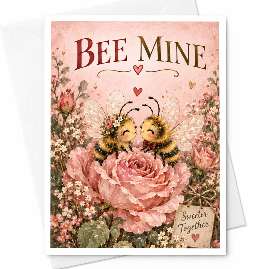 Bee Mine Valentines Day Card Cute Romantic Bees On Rose Sweet Love Card For Her Him Anniversary Card C9255