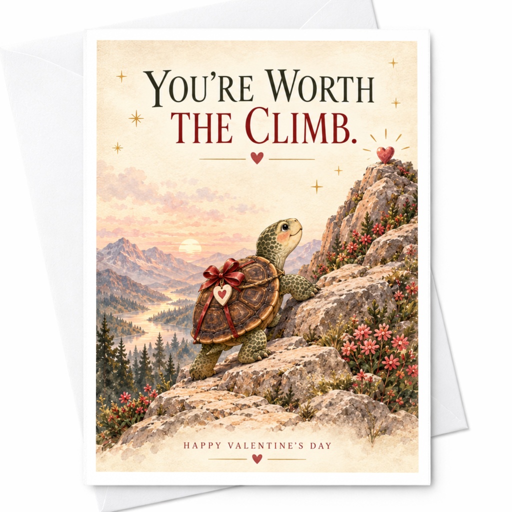 You're Worth The Climb. Valentine's Day Card Turtle Climbing Heart Cute Romantic Greeting Card For Her Him Love C9240