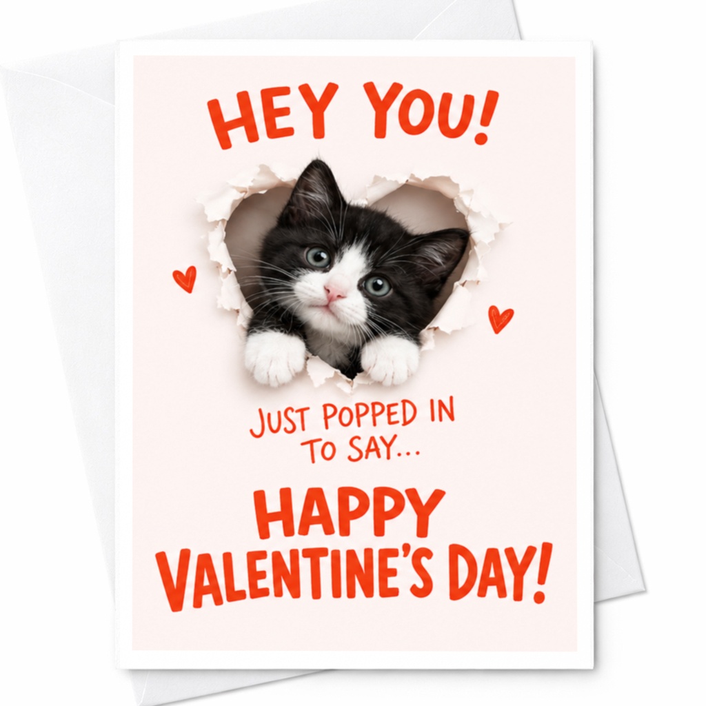 Hey You! Just Popped In To Say... Happy Valentine's Day! Cute Cat Valentine's Day Card For Cat Lover Romantic Animal Card C9261