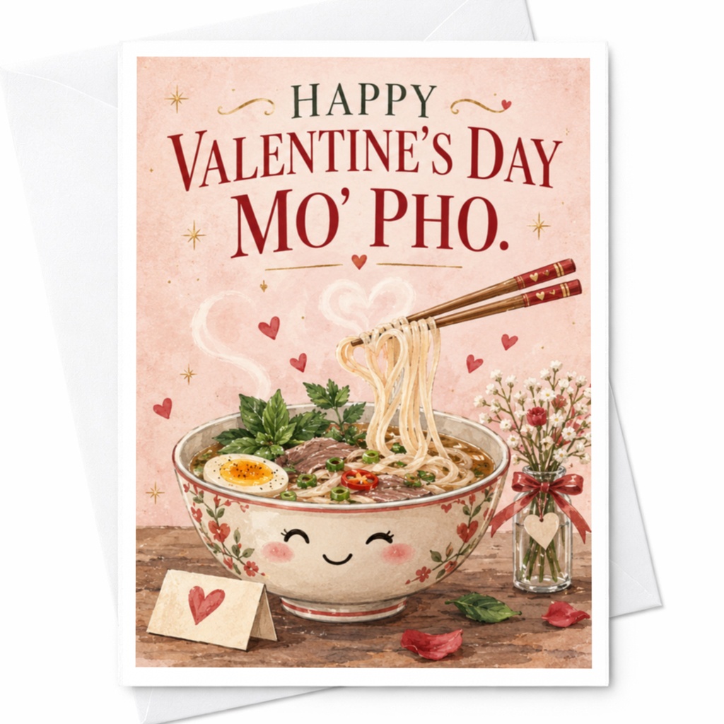 Happy Valentine's Day Mo' Pho. Cute Valentine's Day Card Funny Foodie Greeting Card For Him Her Romantic Love Card C9249