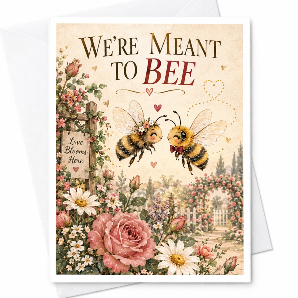 We're Meant To Bee Cute Wedding Card Bees With Flowers Romantic Greeting Card For Couple Love Blooms Here C9252